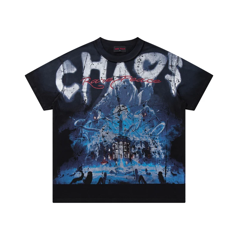 Hip-hop Trend Rare Peace T-shirt High Quality Rhinestone Pattern Printed Short Sleeve Tee Men's Women's
