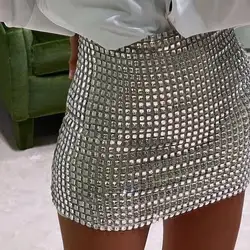 Summer Women Sequined Slim A-Line Skirt Ladies Wrap Hip Solid Sliver Mesh Skirt Female Casual Above-knee Sexy Fashion Skirts