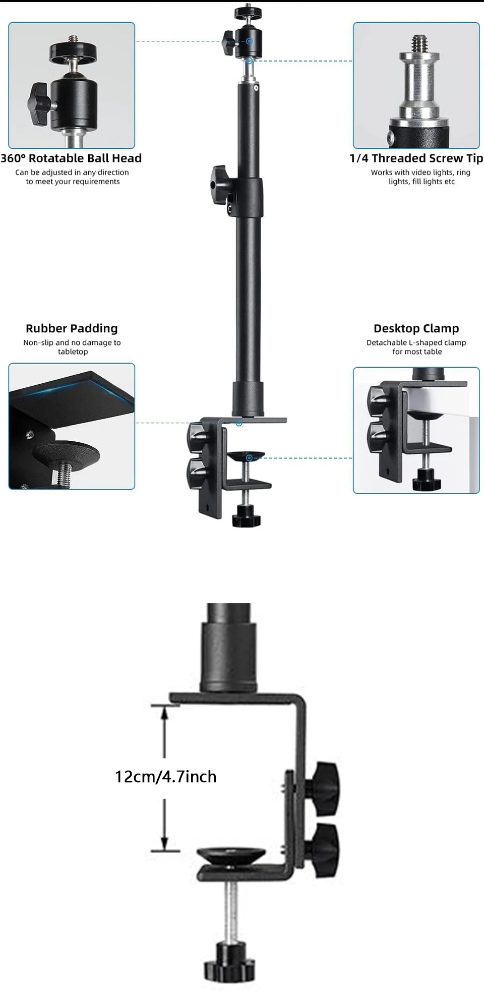Desk Mount Stand DSLR Camera C Clamp Light Stand Photographic Light Boom Stand With Ball Head for Phone Video Ring Light Zoom