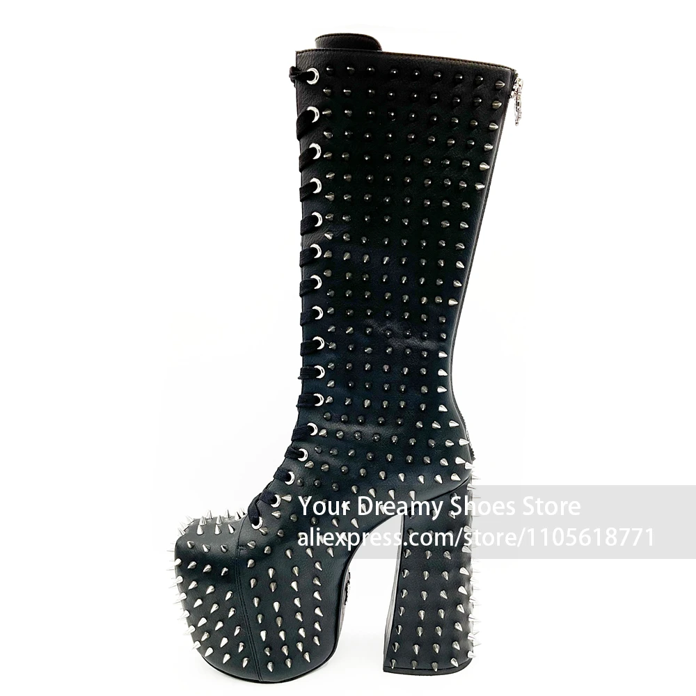 Full Cover Silver Spikes Studs Boots Thick Platform Chunky Block Heel High Heel Knee Boots Front Lace Up Eyelet Closure Boots