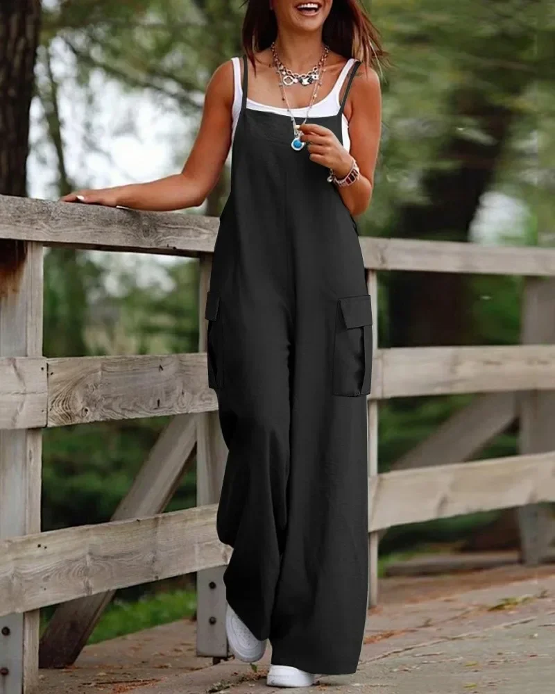 Casual Jumpsuit Women European and American Suspender Wide Leg Pants for Women's 2024 New Solid Color Bagged One Piece Outfits