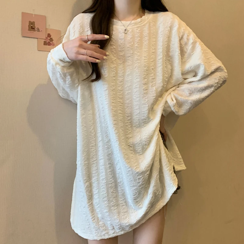 

Pleated Texture Side Slit Long Sleeve Round Neck Women T Shirts Fashion Oversized Spring Soft Tunic Autumn New Vintage 2023 Top