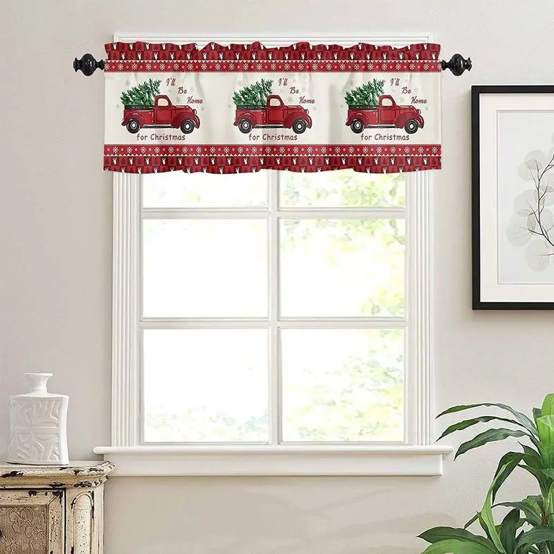 VIKAMA Christmas Valance Red Pickup Truck Xmas Tree I Will Be Home Print Kitchen Window Curtain For Living Room Bedroom Decor