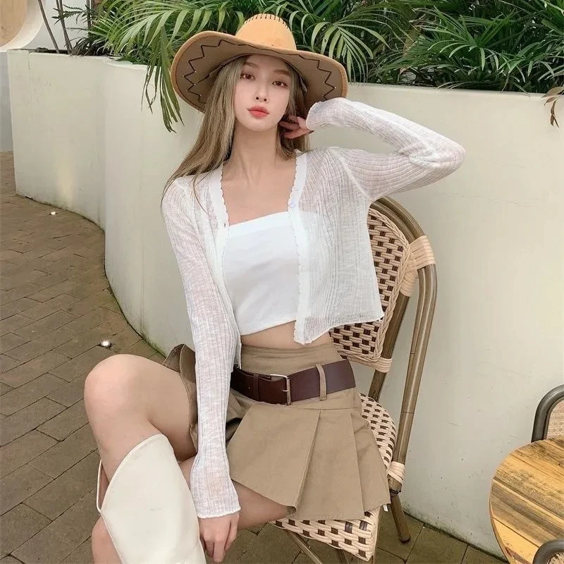 

Thin Sunscreen Shirt Women's Summer Outerwear Crop Tops Hollow Out White Long-sleeved Cardigan Elegant Casual Shawl Coat