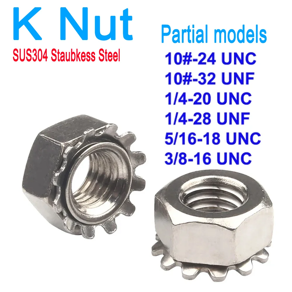 

A2 Stainless Steel 4# 6# 8# 10# 1/4'' 5/16'' 3/8'' UNC UNF Hexagon Locknuts Toothed Serrated Washer Gasket K Type Nuts