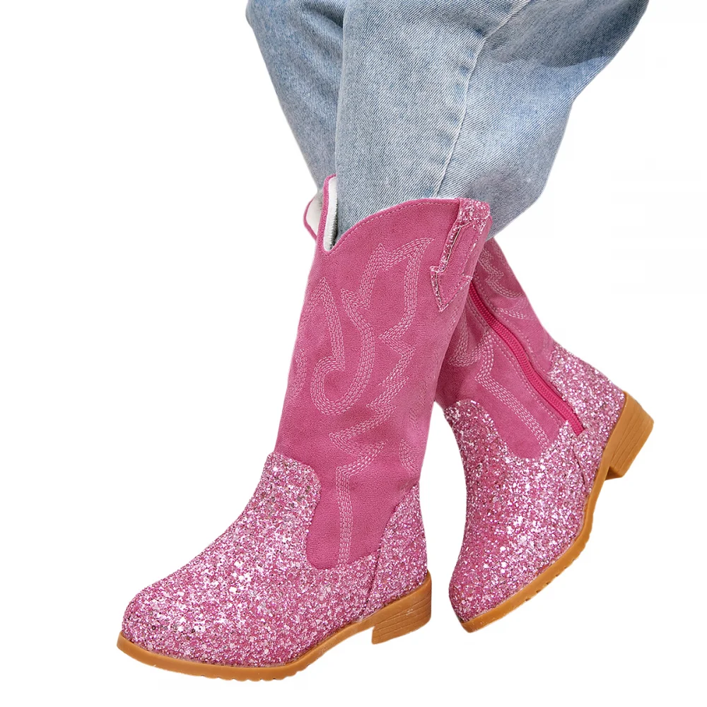 Kids Girls Sequined Princess Boots Shiny Western Cowboy Boot Ankle Boots Little Kids Horse Riding Shoes Party Birthday Dress Up