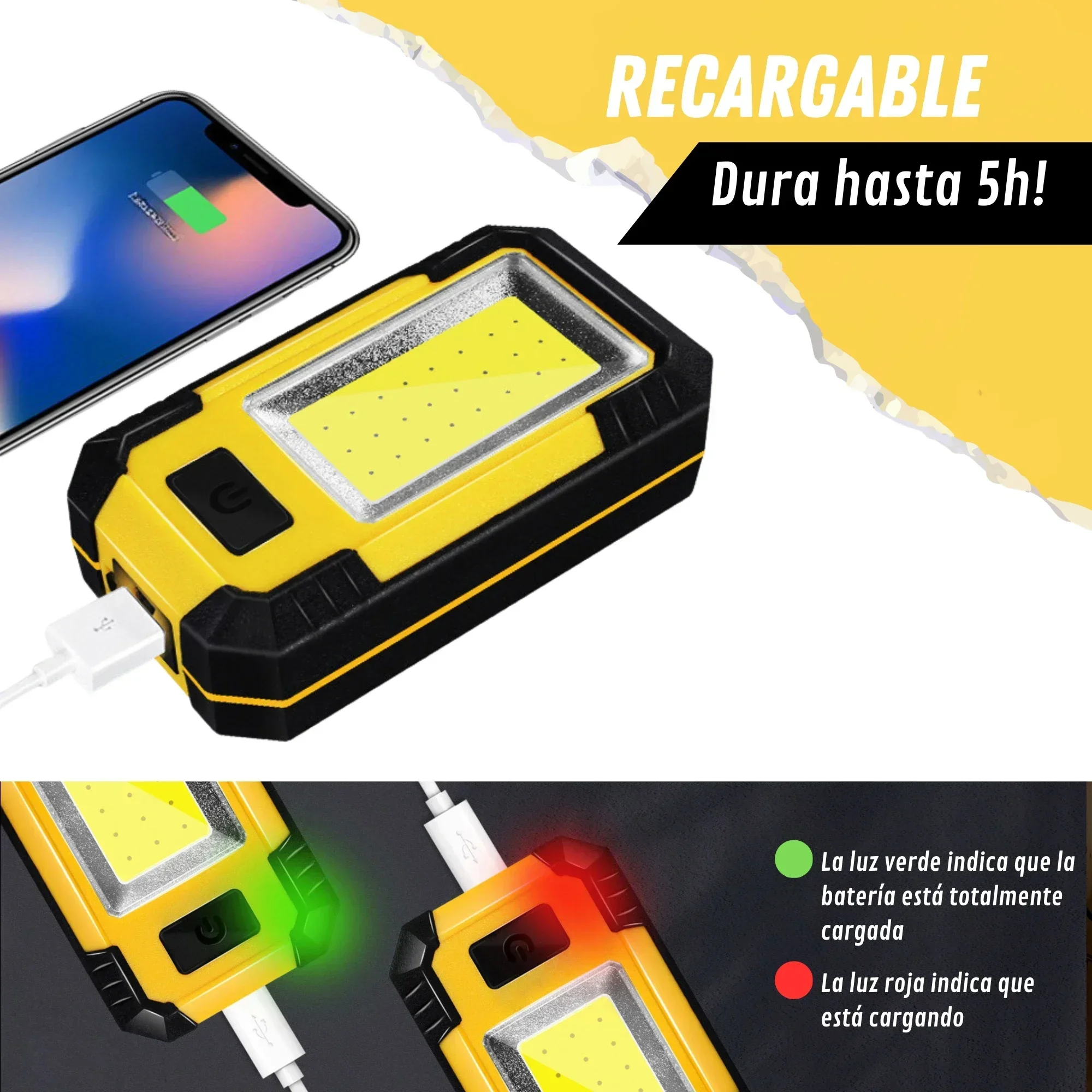 Luz de trabajo recargable de 4000MaH, linterna COB superbrillante de 30W con banco de energía portátil magnético para exteriores, lámpara de emergencia para acampar