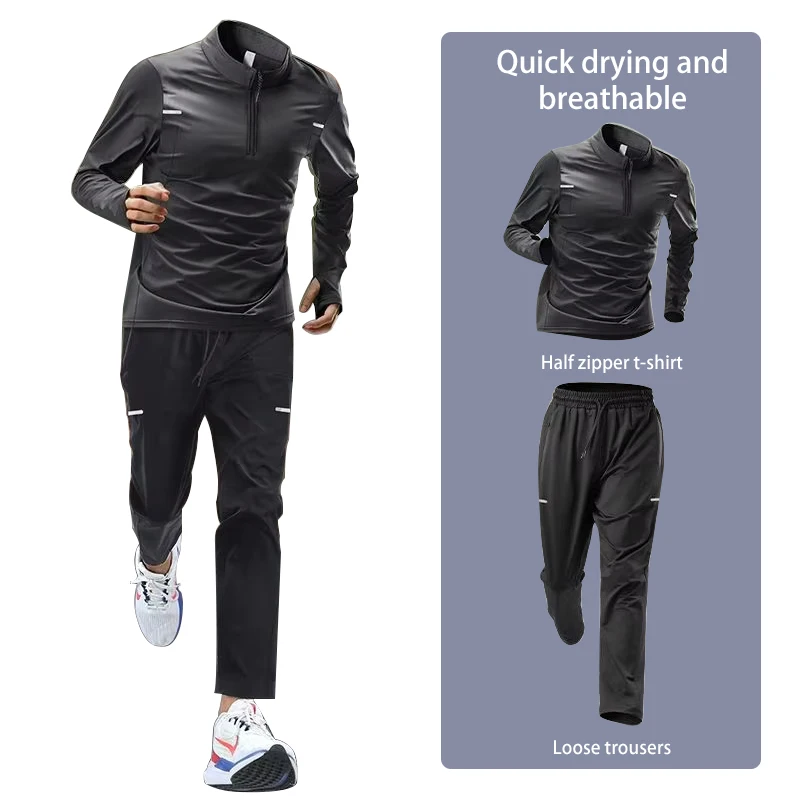 Conjunto de agasalho masculino de manga comprida de secagem rápida para corrida de outono |   Fitness Outdoor Manhã Jogging Sportswear com Calças de Treinamento