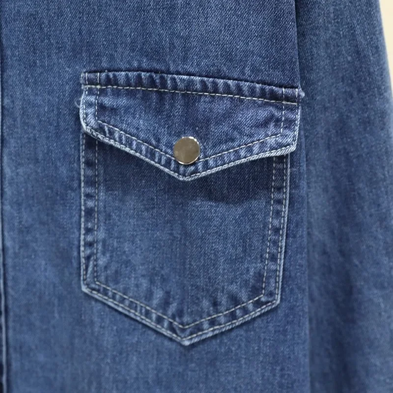 Blue Collar Loose Denim Lining Dress For Women'S Autumn And Winter New Style, Double Pocket Slim Fit Long Shirt Skirt
