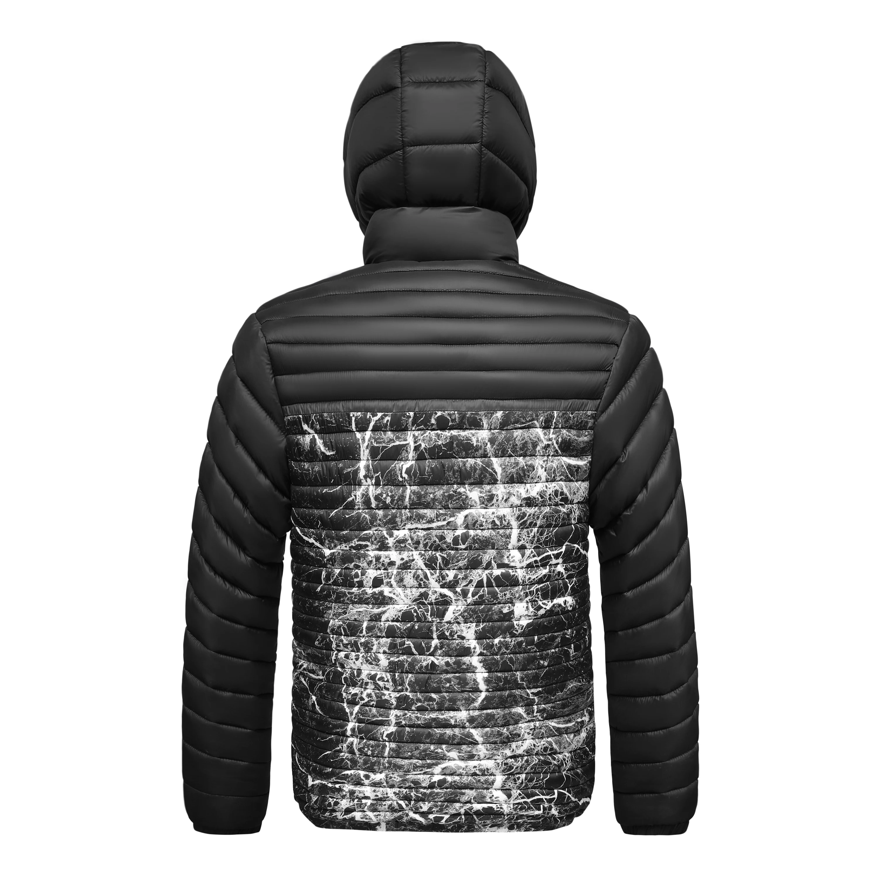 Men's Lightweight Hooded Puffer Jacket Marble Pattern Zipper Casual Outerwear Warm Slim Fit Autumn Winter Casual Men's Jacke