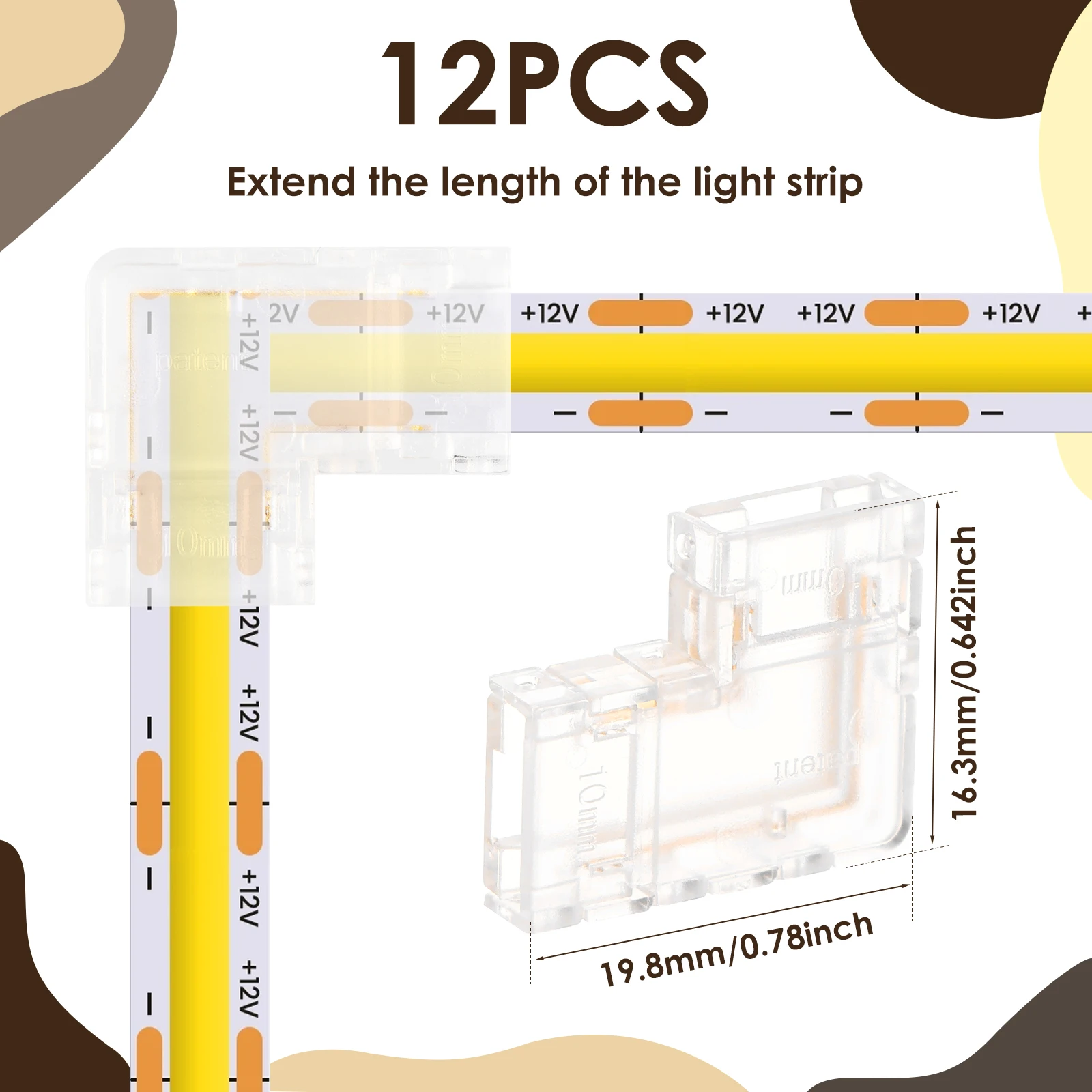 8mm COB Connector L-Shaped/Corner Connector Unwired Clips Solderless Adapter Terminal Extension Connection for LED Strip Lights