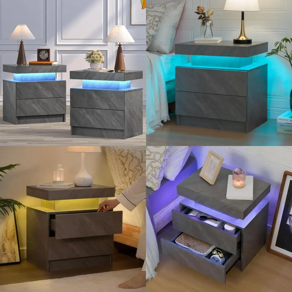 Modern LED Nightstand Set - 2 Drawer Bedside Tables with LED Lighting for Bedroom Nightstands, Contemporary End Side Tables