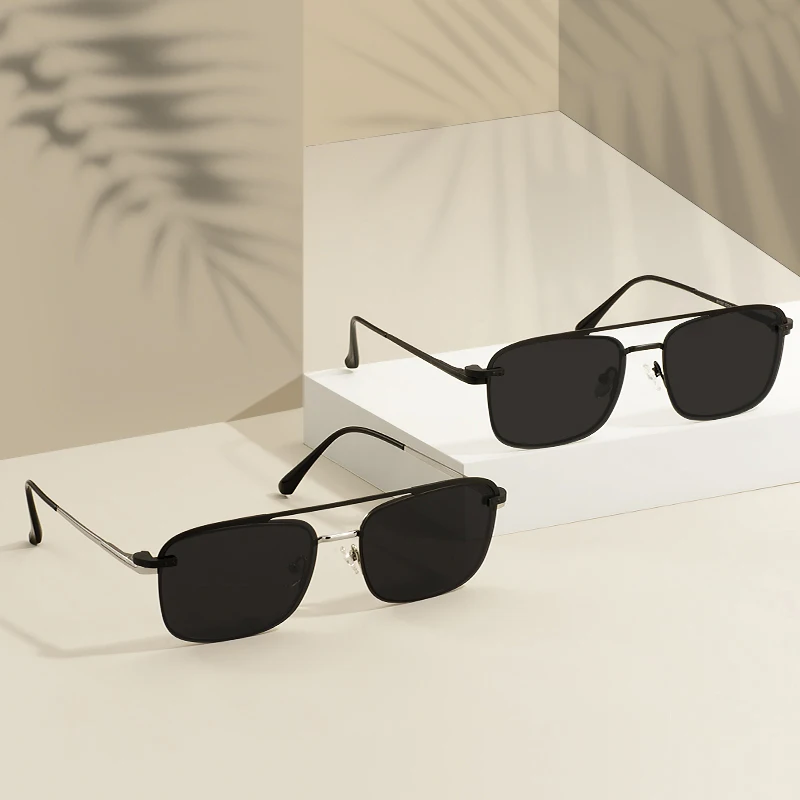 Men Metal Rectangle Glasses Frame Spring Hinge Temple With Black Magnetic Polarized Clip On Sunglasses For Prescription Lenses