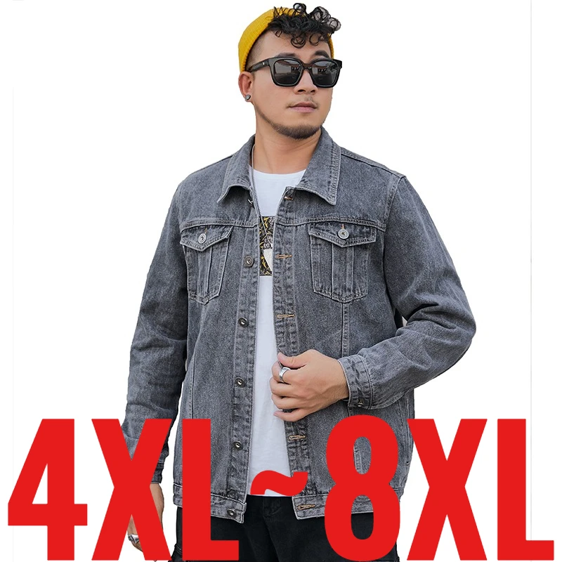 Extra Big Size 8XL Men Jeans Jacket Button Up Denim Shirts Male Autumn Plus Large 6XL Black Gray Color Casual 7XL 5XL Fat 150 Kg