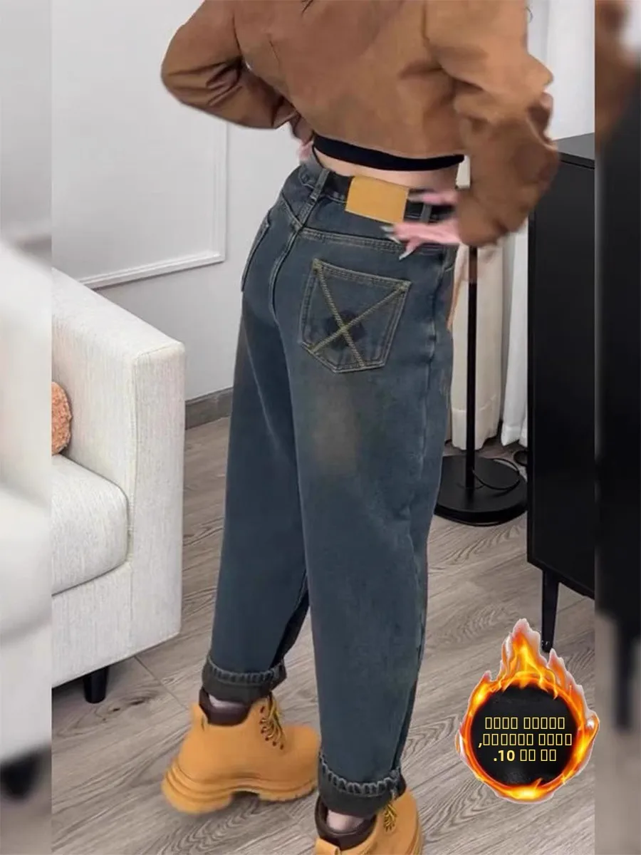 

Джинсы-харланы женские больших размеров, утепленные, с высокой талией, свободные, прямые, в стиле «старый папа», осенне-зимние