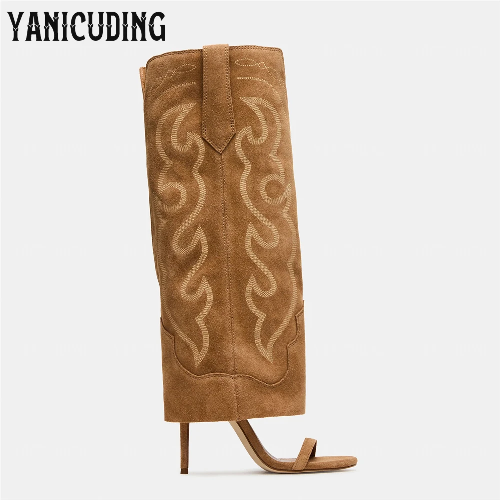 

Western Cuffed Sandal Boots Brown Suede Knee High Boots Round Open Toe Stitching Design Summer Boots Retro Style Stiletto Boots