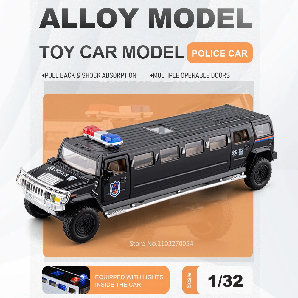 

1:32 Extended Version Police Car Toys Diecast Alloy Model Shock Absorption Sound Light Pull Back Doors Opened Vehices Collection