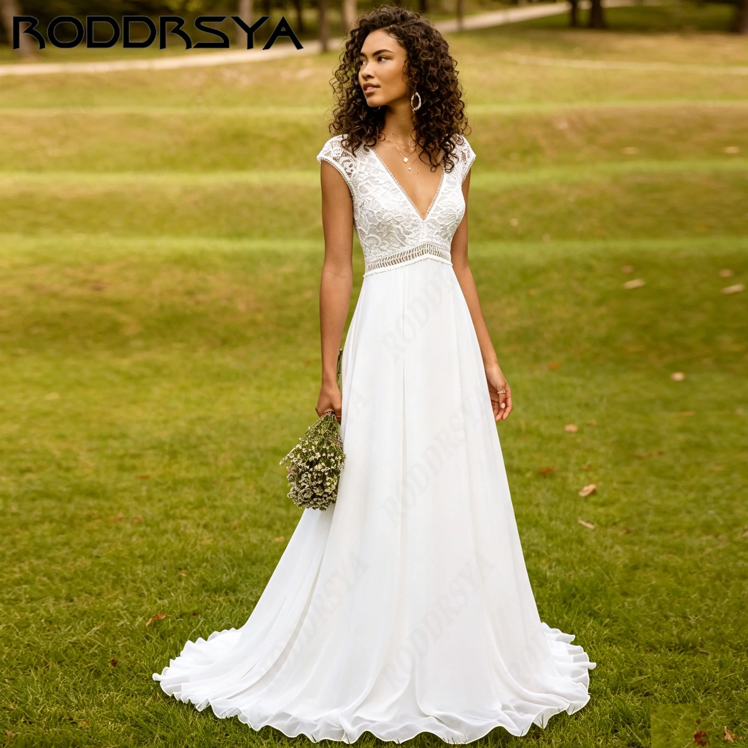 RODDRSYA Elegant Lace Cap Sleeve V-Neck Wedding Dress Illusion Back A-Line Bridal Gown Chiffon Vestido De Novia Personalized