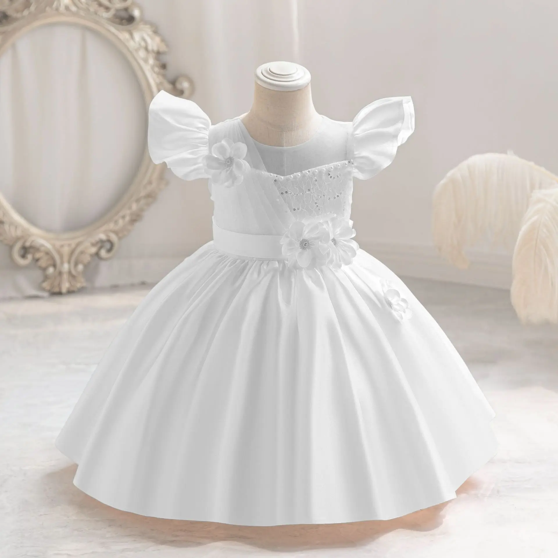 HETISO Summer Girls Casual Princess Dress Children Pearl Wedding Sequined Gown Kids Birthday Party Satin Costume 6M-4 Years