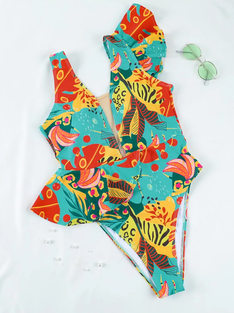 Miyouj 2024 Eendelige Pakken Badkleding Met Ruches En Bloemenprint Badpakken Voor Dames, Diep V Bodysuit Hoog Uitgesneden Strandkleding