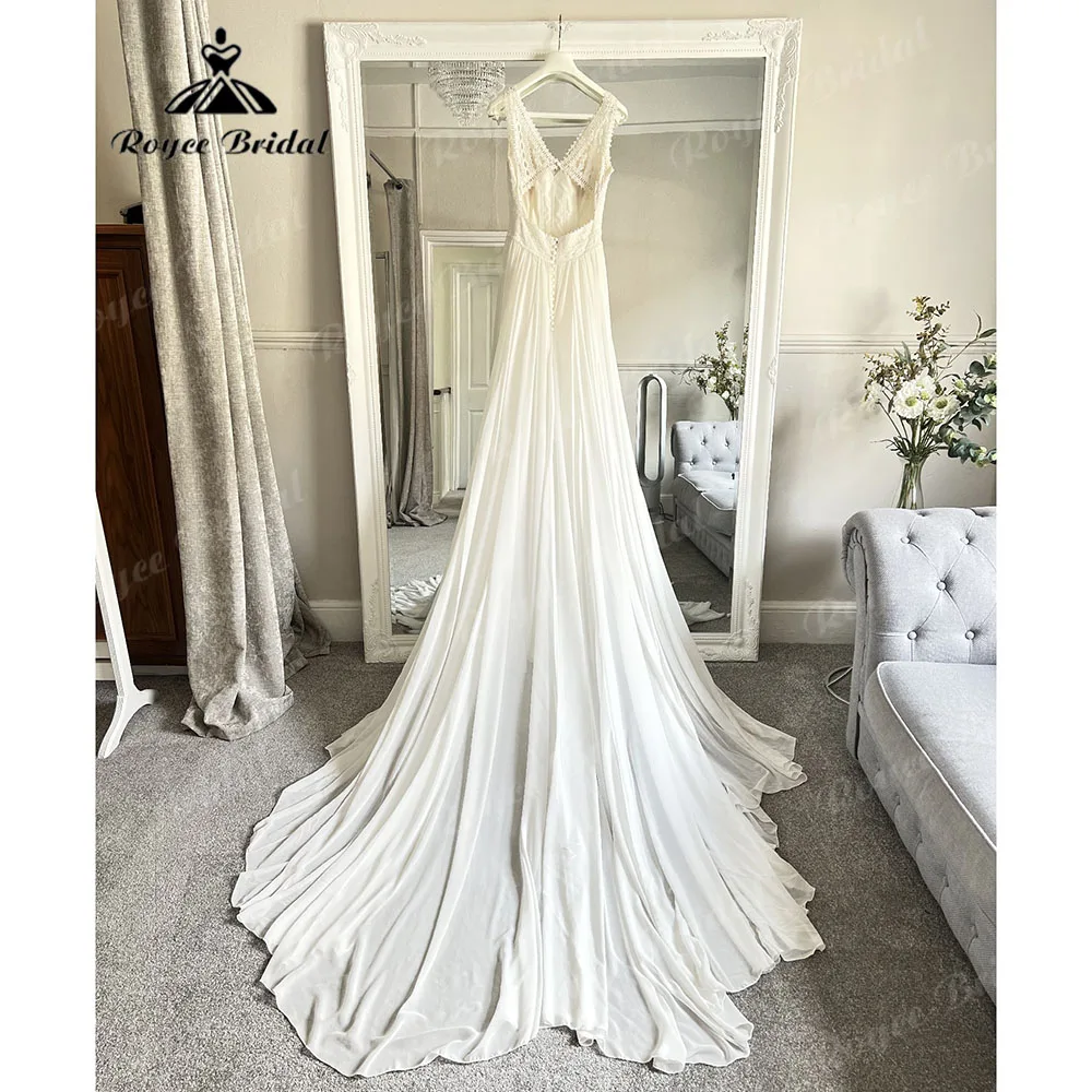 Vintage Lace Bodice Chiffon A Line Open Back Women Wedding Dress with V Neck 2025 Boho Bridal Gown robe de mariee Customized 