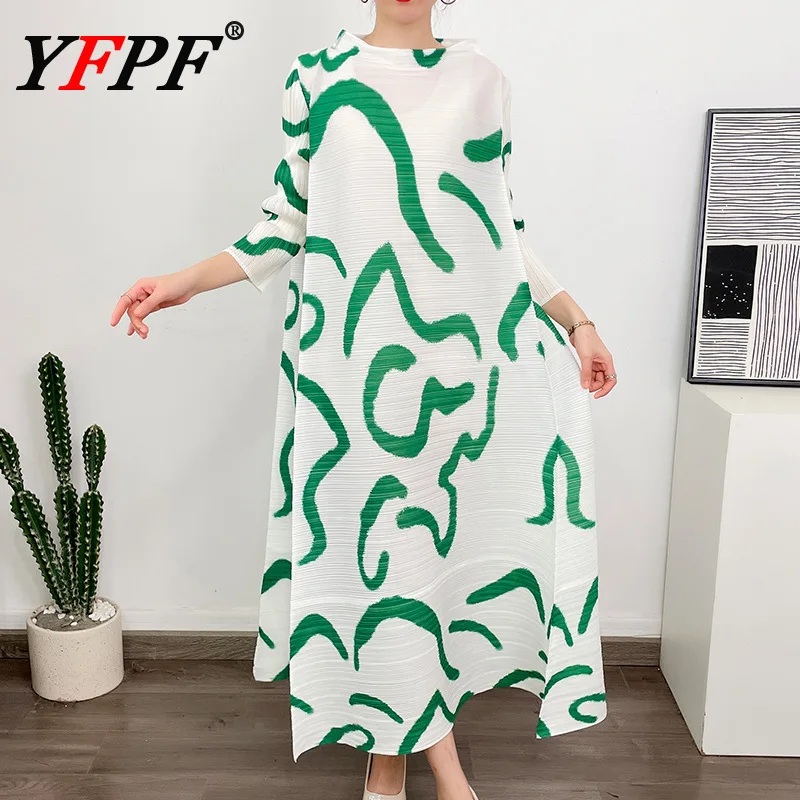 

YFPF Fashion Printing Long Dress Women Striped Miyake Pleated Design Loose Long Sleeve Dresses Casual 2025 New Clothing