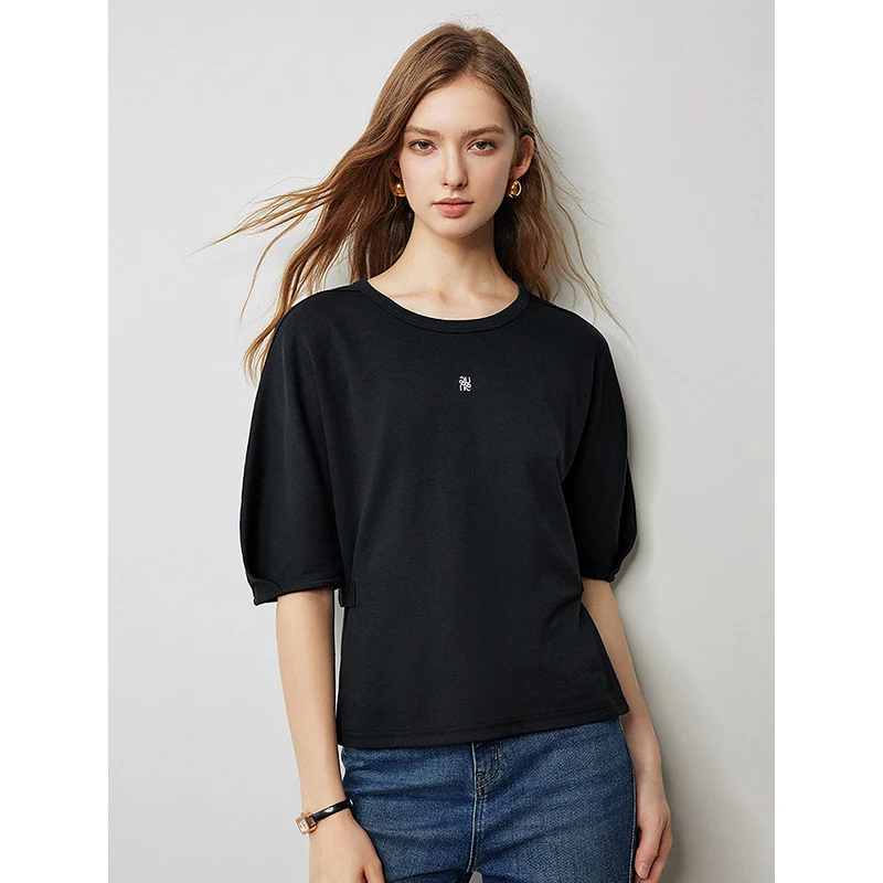 TOYOUTH Women T-shirt 2024 Autumn New Round Neck Raglan Half Sleeve Pullover Tops