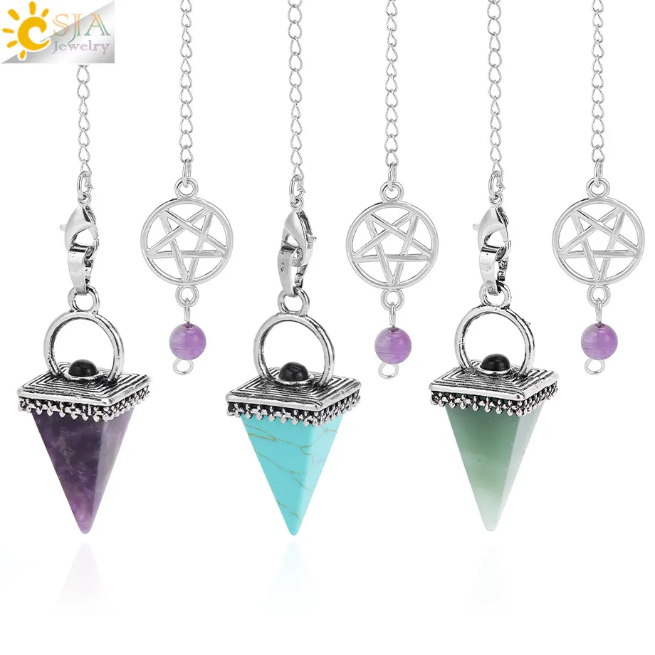 CSJA Natural Stone Crystal Pendulums Pyramid Pendant Pendulum for Dowsing Divination Healing Triple Goddess Witch Pendulos H619