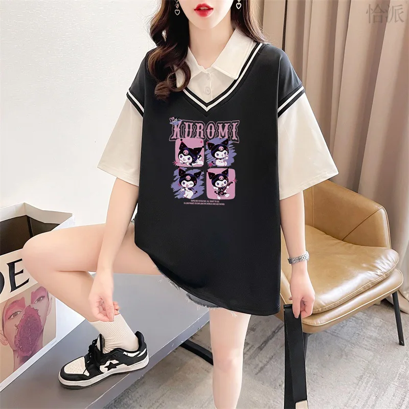 T-shirt Sanrio à manches courtes pour femme, faux haut ample deux pièces, haut décontracté épissé, mignon ma mélodie Kuromi, cadeau pour filles, été