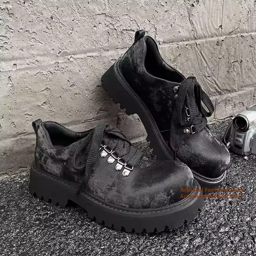 

Vintage Washed Black Chunky Sole Lace-Up Derby Shoes Round Toe Casual Leather Shoes for Men New In Trendy Luxury Men's Shoes