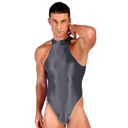 Mens Swimsuit Glossy Mock Neck Back Zipper Bodysuit Swimwear Solid Color Sleeveless Leotard for Gymnastics Training Swimming