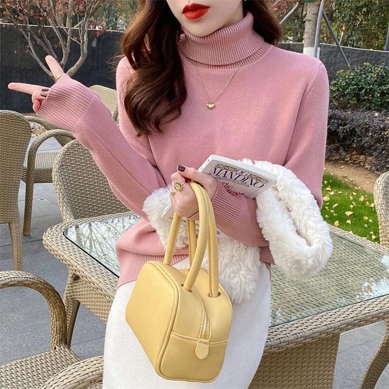 

Warm Knit Pullover New Thicken Turtleneck Sweater For Winter Women Casual Slim Plush Lined Soft Long Sleeve Knitwear Jumper Tops