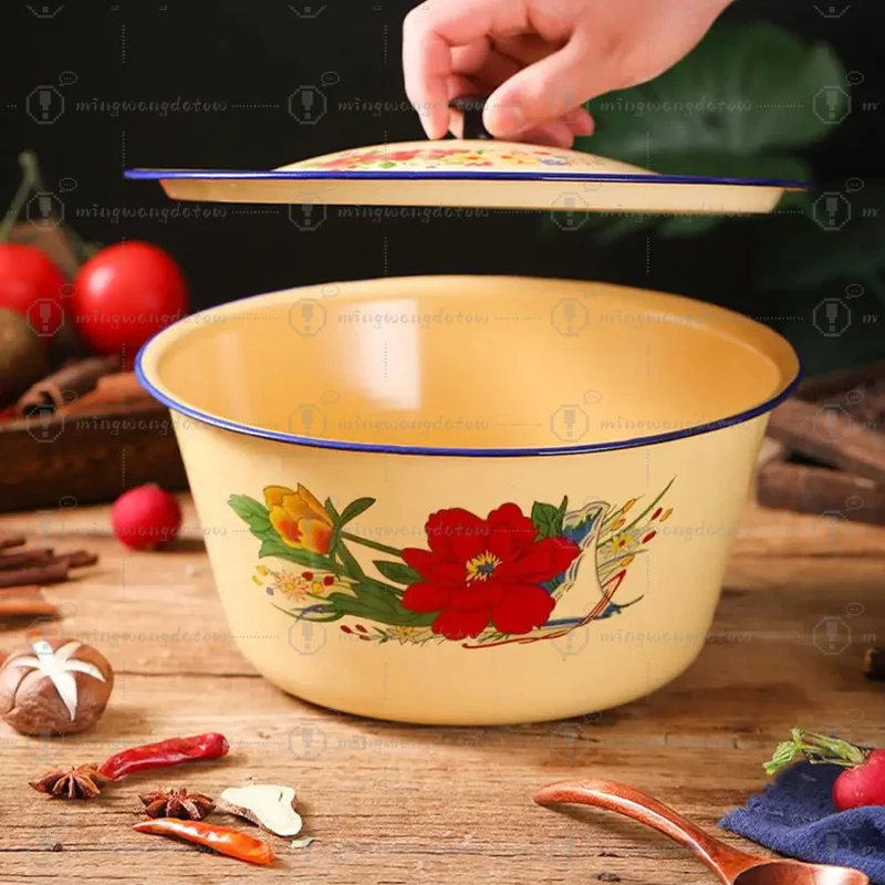 Food Storage Pot Enamel Basin Classic Vintage Enamel Cake Containers Bowl with Lid Asian Soup Salad Serving Bowl Yellow Lard Pot