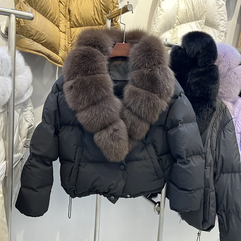 2024 Autumn Winter Big Natural Fox Fur Collar Coat Women Female Parkas Goose Down Jacket Feather Short Puffer Coat