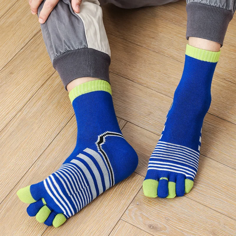 5 Pairs Man Sport Toe Socks Thick Cotton Colorful Five Finger Sock Japanese Style Fashion Striped Crew Socks with Toes EU39-45