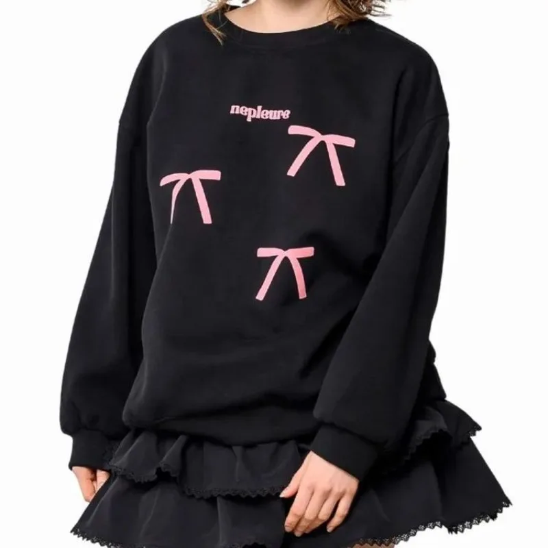 Słodkie College Women Cute Bow Knot Print White Sweatshirts Russian Fashion Design Kawaii Loose Pullover Autumn Trendy Long Sleeve
