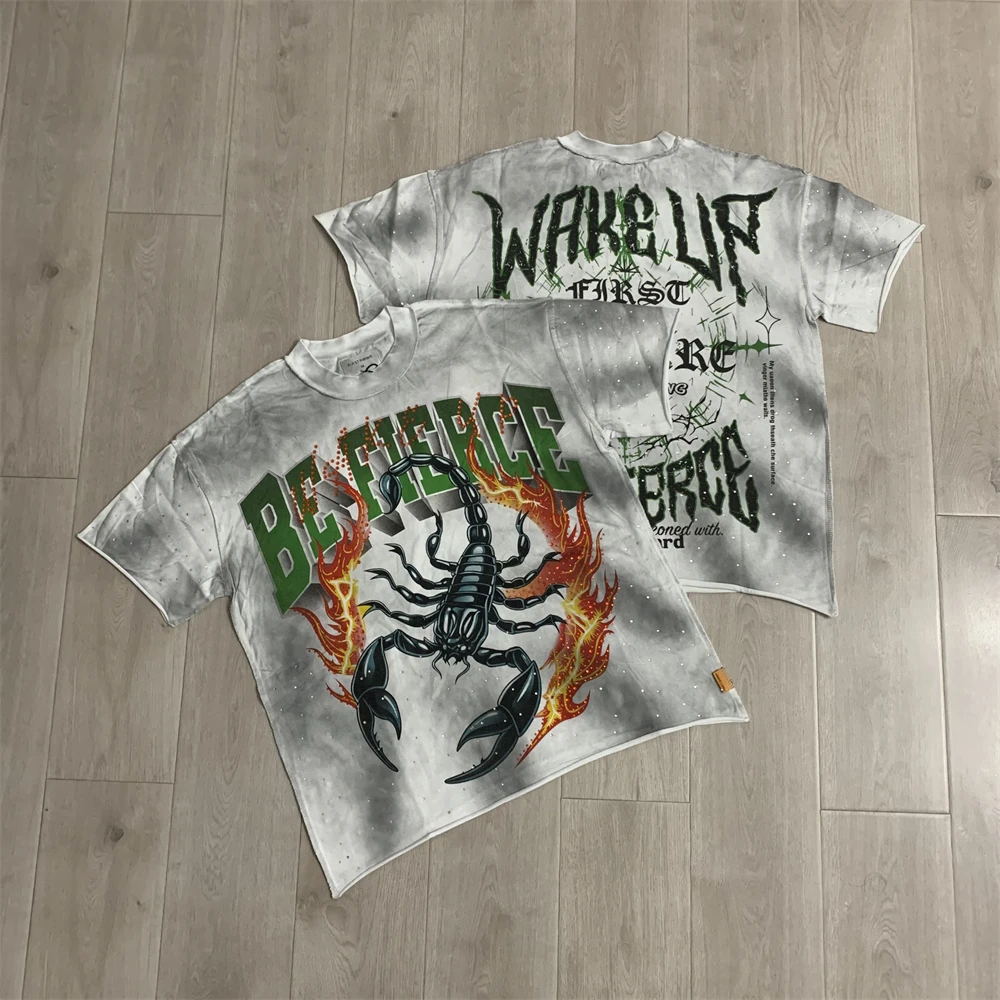 Tie-dye First Row BE FIERCE Scorpion Print Rhinestone T-Shirt Men Women High Quality Summer Style Top T Shirt Tee