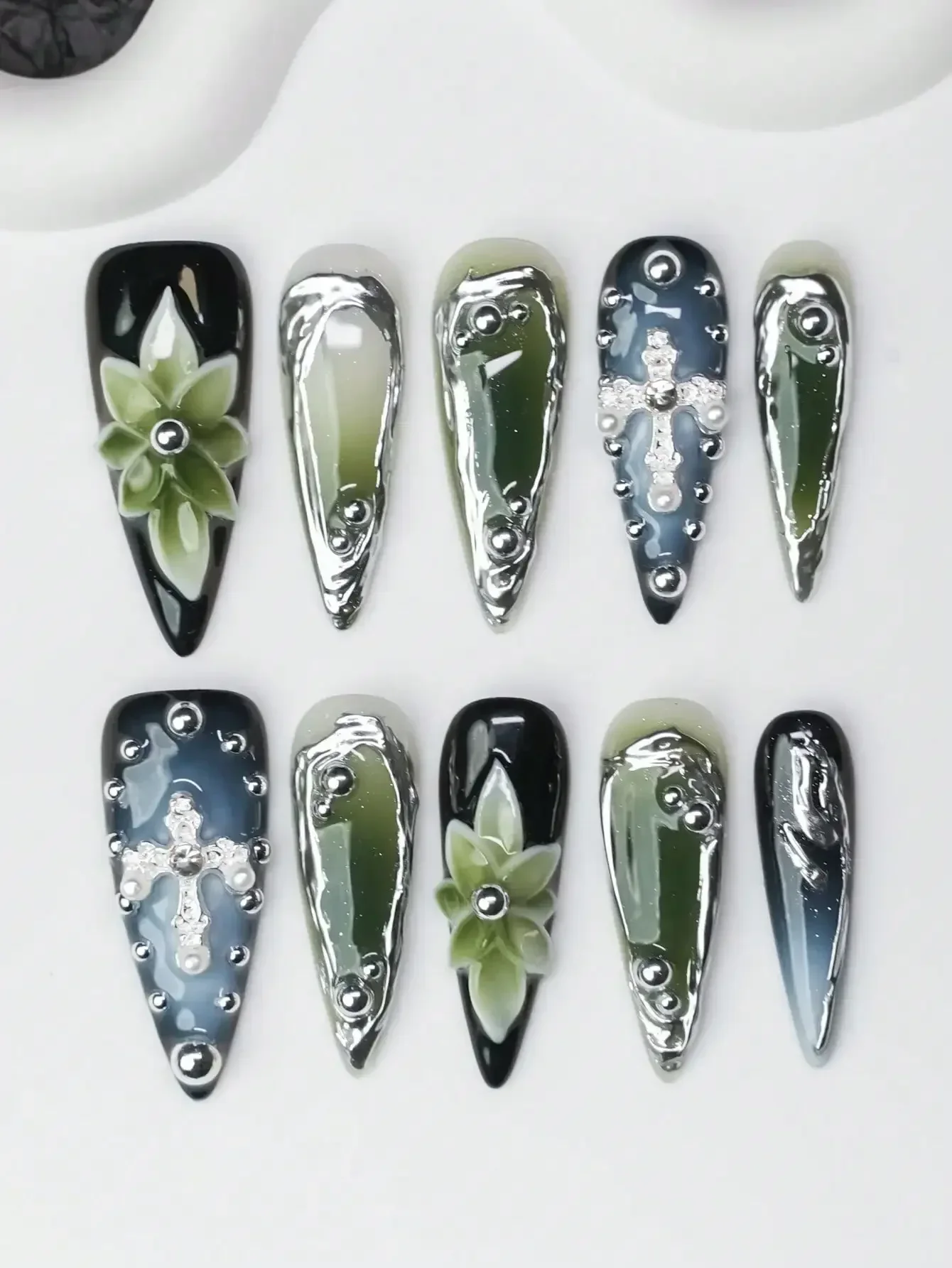 

10pcs/Set Handmade Almond-Shaped Y2K Baddie Style Press-On Nails, Black/Green/Silver Nail Plates With Cross, Asymmetrical