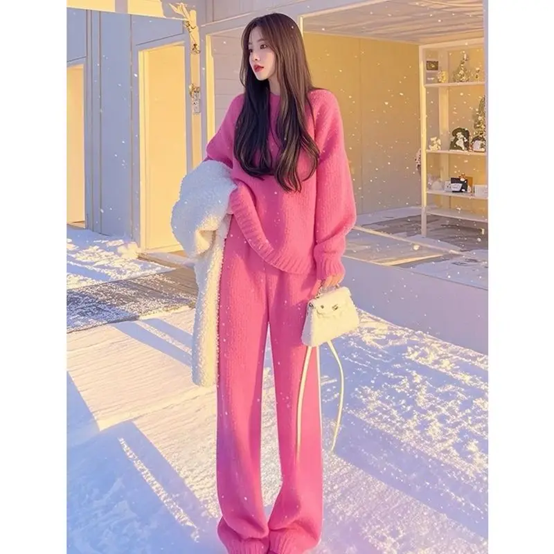 Conjunto de dos piezas de ropa elegante para mujer, suéter de punto de estilo perezoso con temperamento a la moda de otoño e invierno + pantalones de pierna ancha de cintura alta