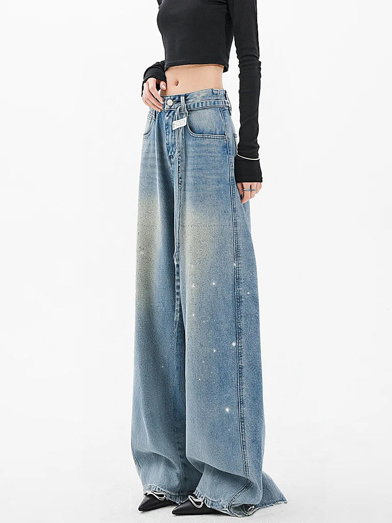 กางเกงยีนส์ทรงหลวมขาบานสไตล์อเมริกันย้อนยุค รุ่น Heavy Industry Tianxing Rhinestone สำหรับผู้หญิง