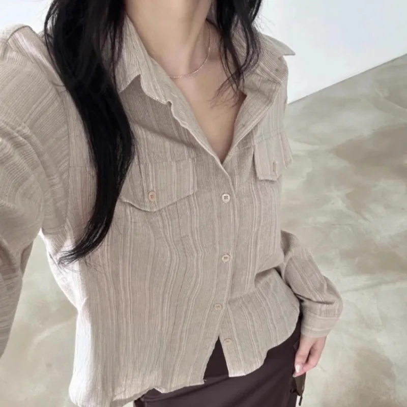 Korean Vintage Vertical Stripes Blouses Y2k Grunge Single Breasted Shirts Women 2024 New Long Sleeve Loose Blusas Mujer