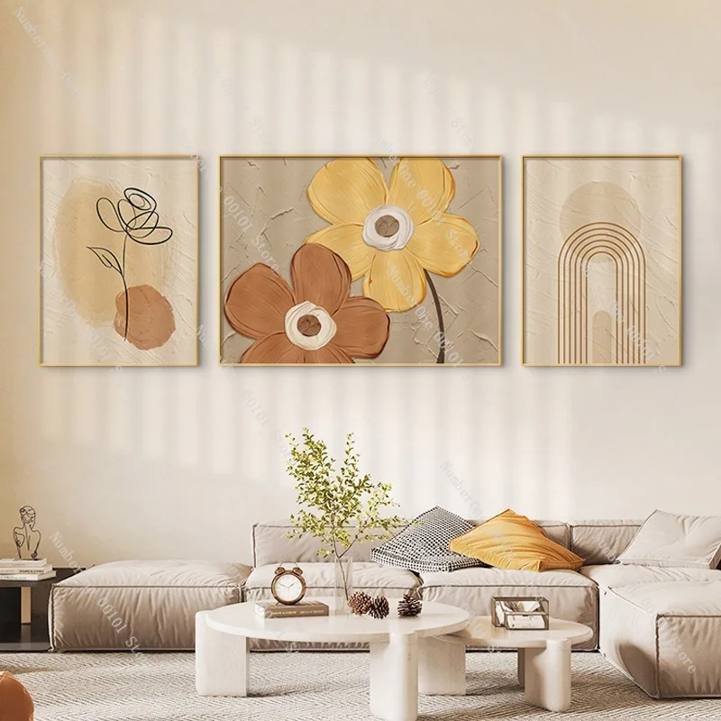 Elegant Wabi Sabi Living Room Floral Wall Art Set Nordic Cream Style Sofa Background Wall Decor Abstract Textured Canvas