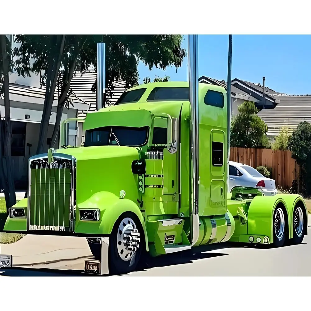 

40x50cm,Square Drill 5d Diamond Painting Kit Green Semi Truck Mosaic Cross Stitch Transportation Wall Art Boys Room Decor