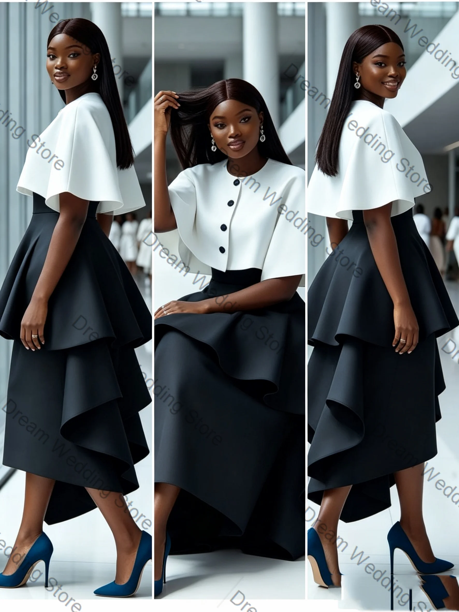 Summer White Black Women Suit Skirt Set 2 Pcs Blazer Ruffles Prom Dress Formal Office Lady Jacket Customized Wedding Guest Coat