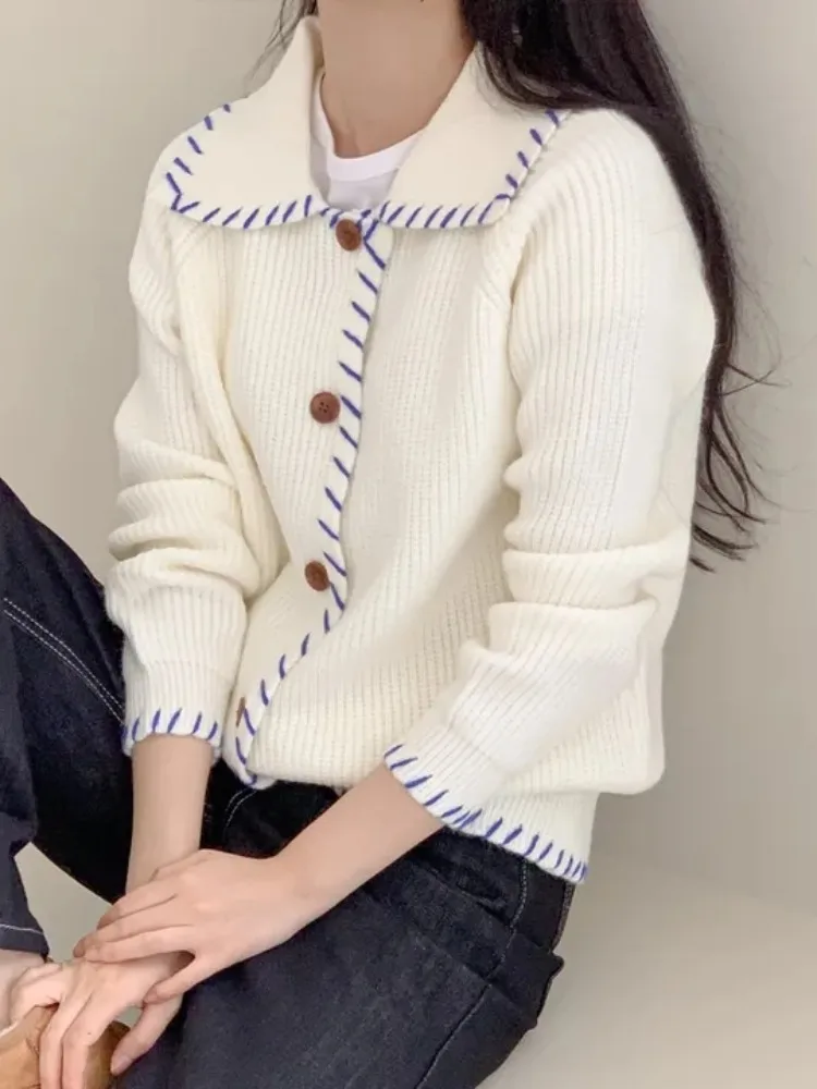 Autumn Winter Lazy Turn-down Collar Color Blo Design Knitwear Jaet Women's Loose Casual Open Cardigan Elegance Knitted Top