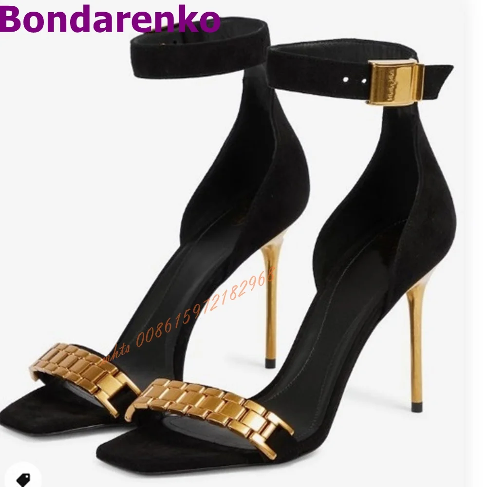 

Square Toe Buckle Gold Sandals Stiletto Heel Chain Strap Fashion Street Sandals Women Summer New Style Shoes Party Runway Black