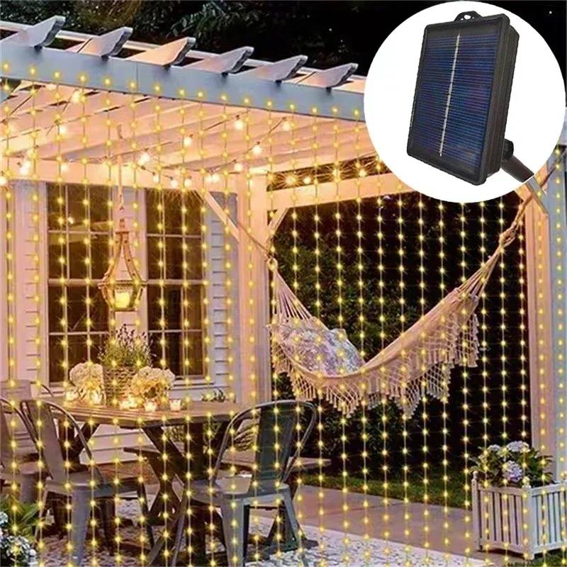 

LED Solar Curtain Lights Outdoor Waterproof Fairy Light with 8 Modes for Bedroom Wedding Christmas Ramadan Home Decorations