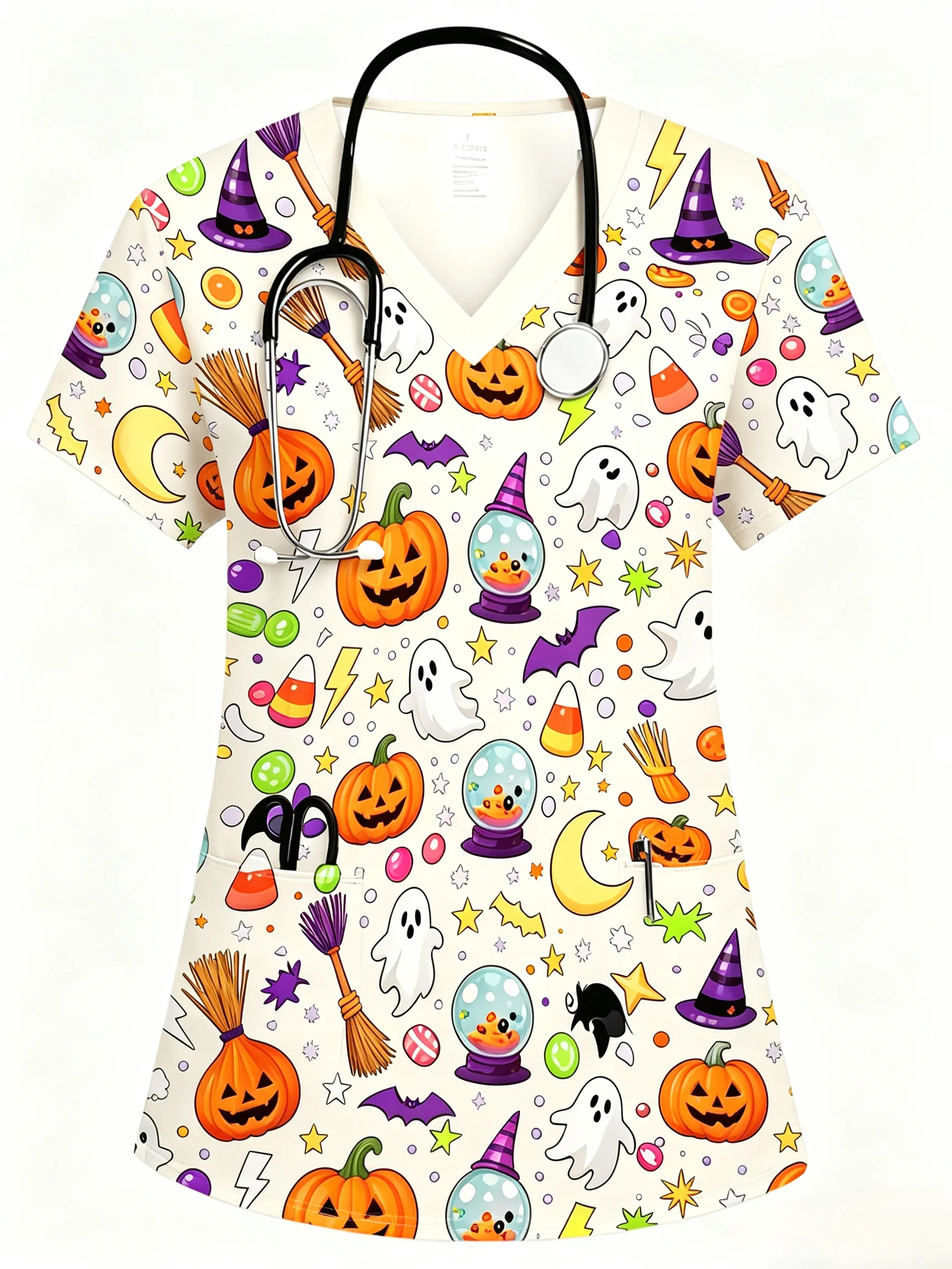 Damen-Halloween-Oberteil mit Aufdruck, Kürbis-Geister-Fledermaus-Muster, V-Ausschnitt, kurzärmelige Krankenschwester-Arbeitsuniform mit Taschen. – Detail 5