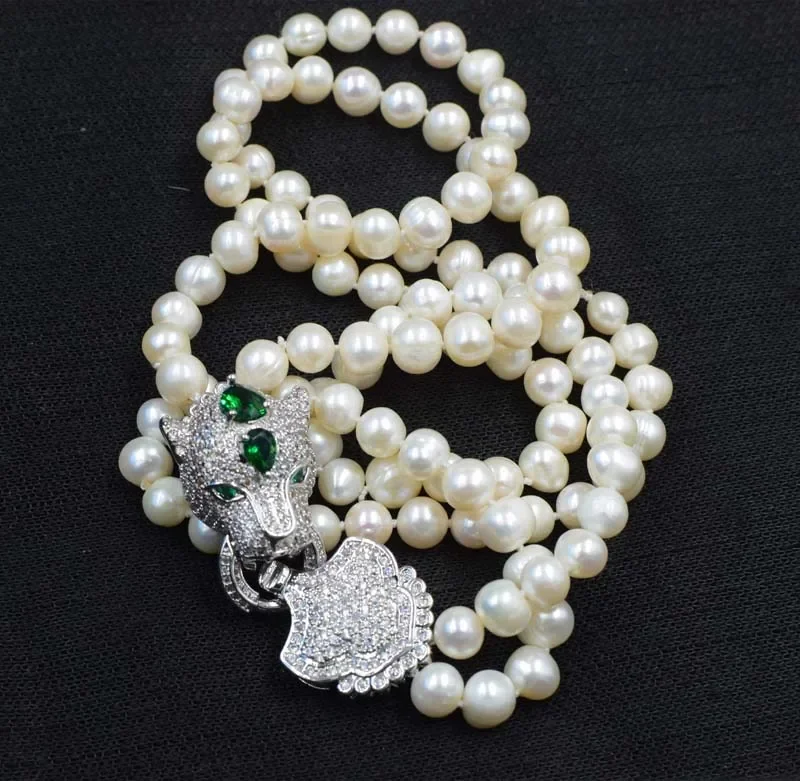 

2rows freshwater pearl white near round 8-9mm +green leopard clasp 17-19inch necklace wholesale