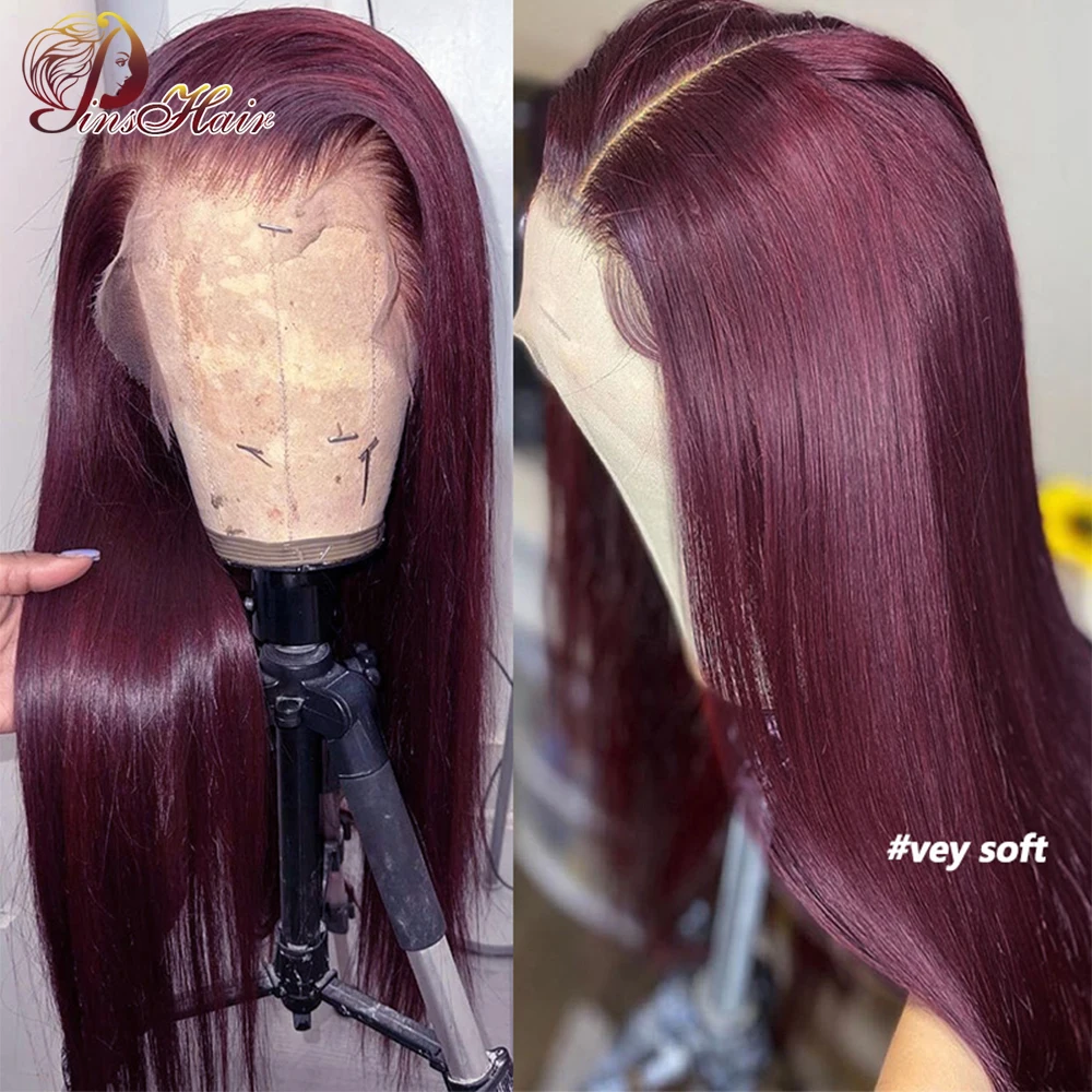 

Burgundy 99J 13x6 Lace Front Human Hair Wigs Pre Plucked Straight HD Transparent Lace Frontal Wig With Baby Hair Remy Human Hair
